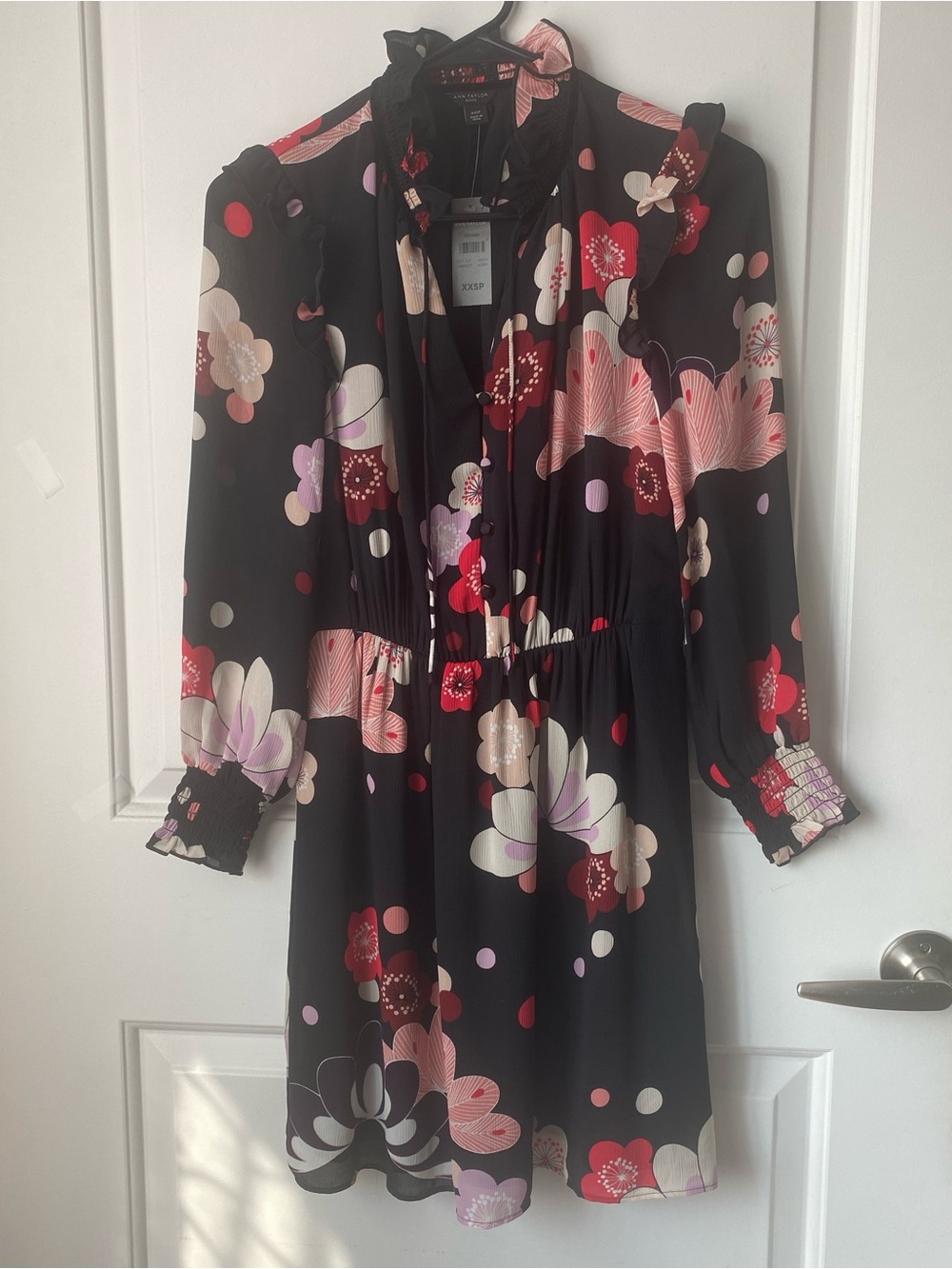 Ann Taylor Black Floral Ruffle-Trim Dress